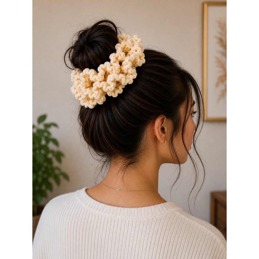 Handmade Crochet Hair Scrunchie Cream Ivory Soft Ruffled Elastic Hair Tie